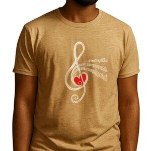 Heart Treble Clef Tee Size XL Music Notes Graphic Beige Short Sleeve Tan Shirt